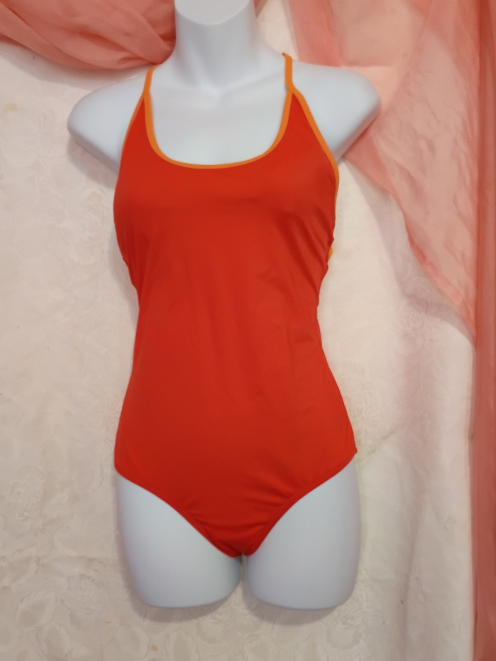 Ladies Orange One-Piece Swimsuit with Yellow Trim Sz M